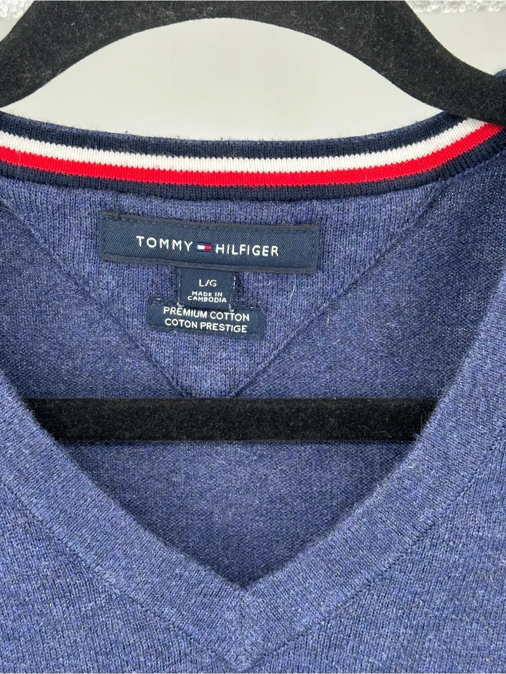 Meme Large Tommy Hilfiger Men's V-Neck Heather Navy Sweater 100% Cotton